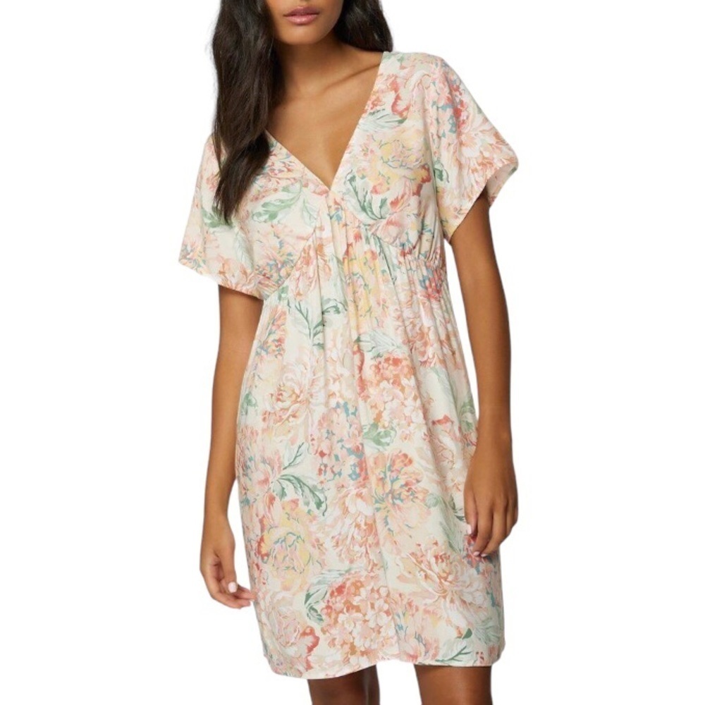 O’Neill Gina Pastel Floral Beachy Babydoll V-Neck Viscose Mini Dress Size XS